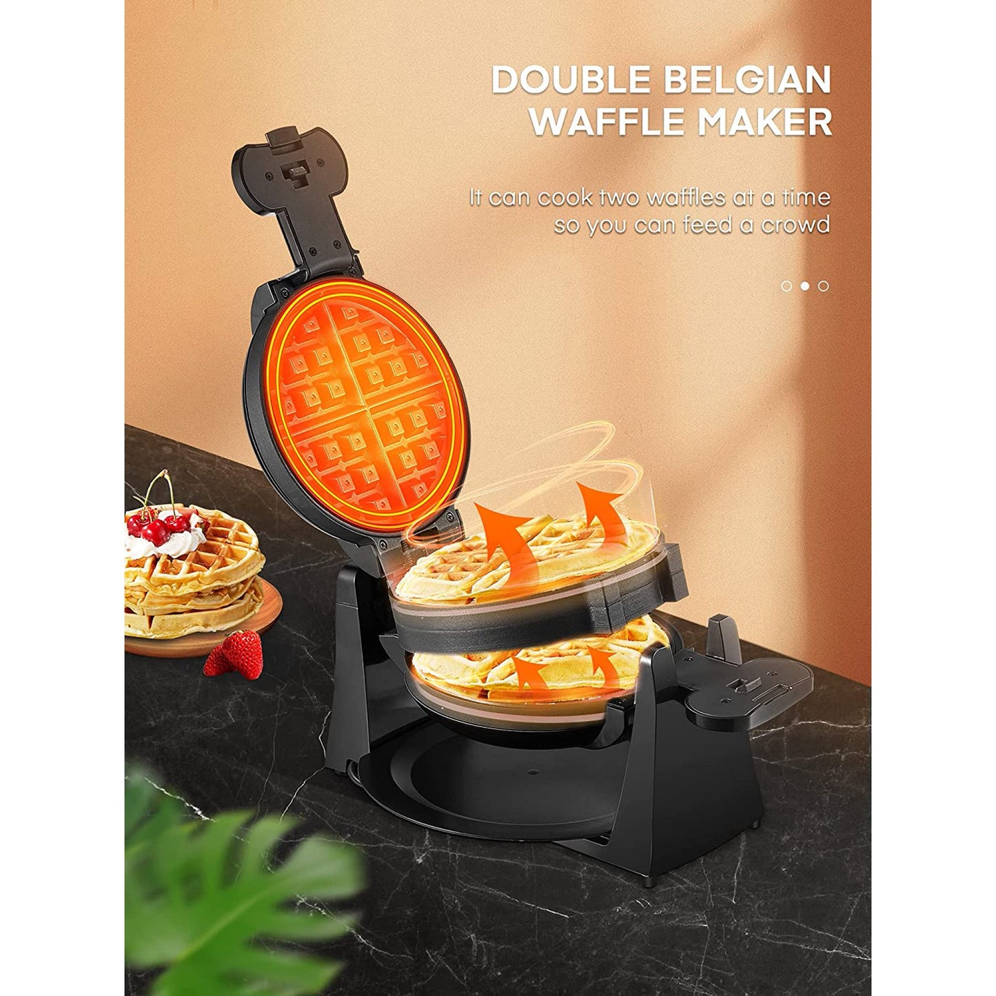 180° Flip Belgian Double Waffle Maker, Waffle Iron 8-Slice One Time, Nonstick Plates, Removable Drip Tray & Rotating, 1400W Adjustable Temperature Control & Cool Touch Handle, Black