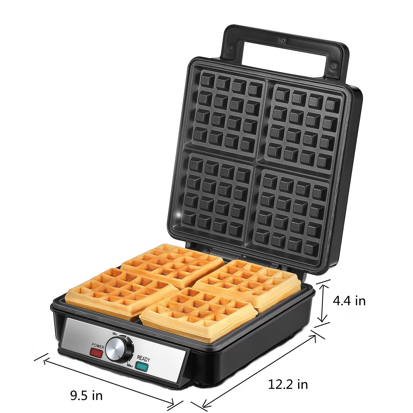 Belgian Waffle Maker 4 Slices with Temperature Control, 1200W, Stainless Steel, Black / Silver