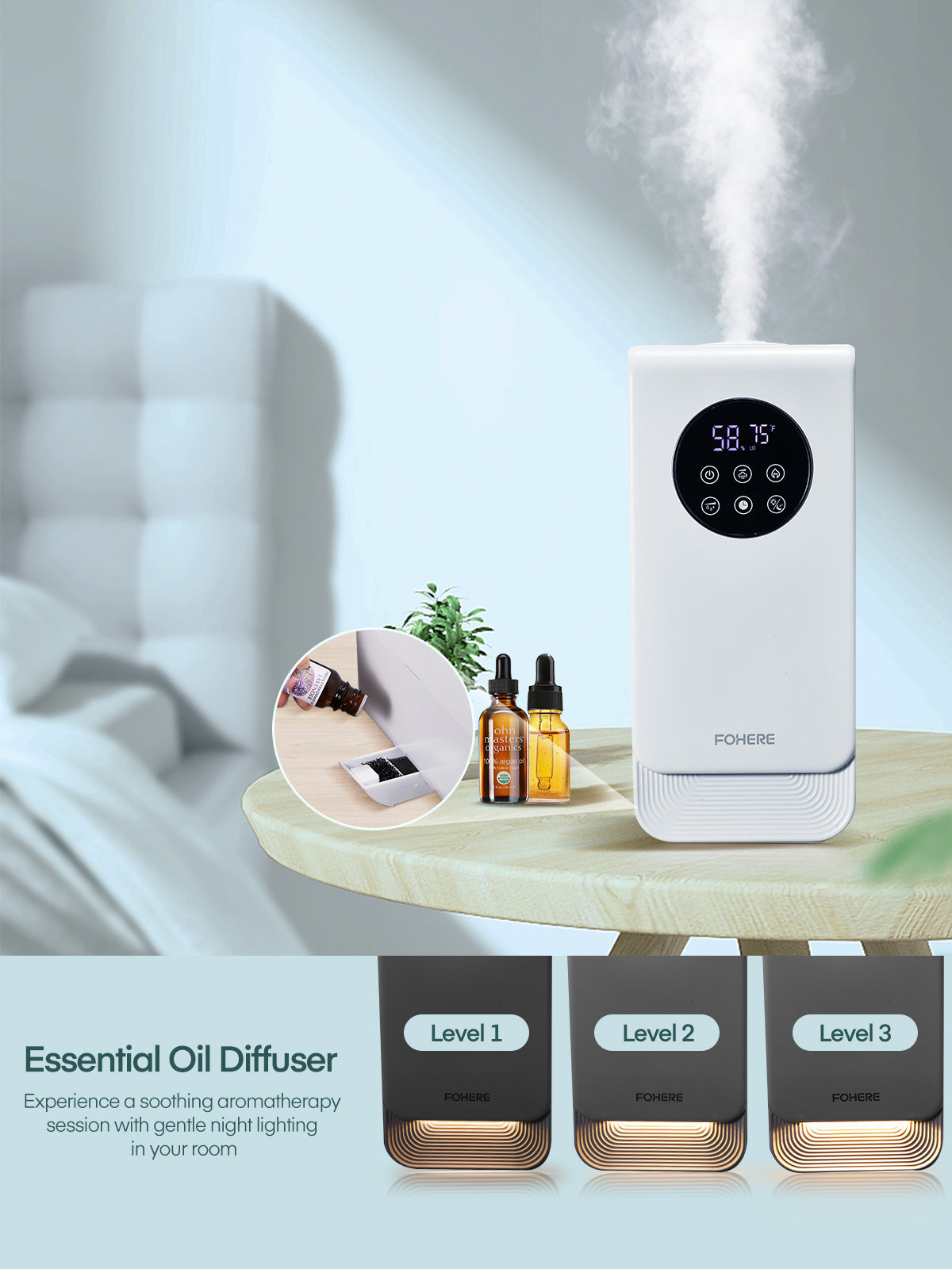 FOHERE Humidifiers for Bedroom, 3.2L Top Fill Cool Mist Ultrasonic Humidifier for Baby Rooms and Plants, 2-IN-1 Essential Oil Diffuser with 7-color Light and Auto Shut-off, BPA-Free, Quiet, White