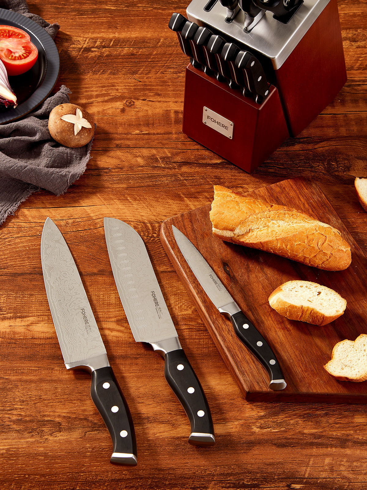 Messer-Set mit Block, FOHERE 14-teiliges rasiermesserscharfes selbstschärfendes Messer-Set, Kochmesser-Set aus rostfreiem High-Carbon-Edelstahl mit Wellenmuster, rost- und schmutzabweisend, dreifach genieteter Griff