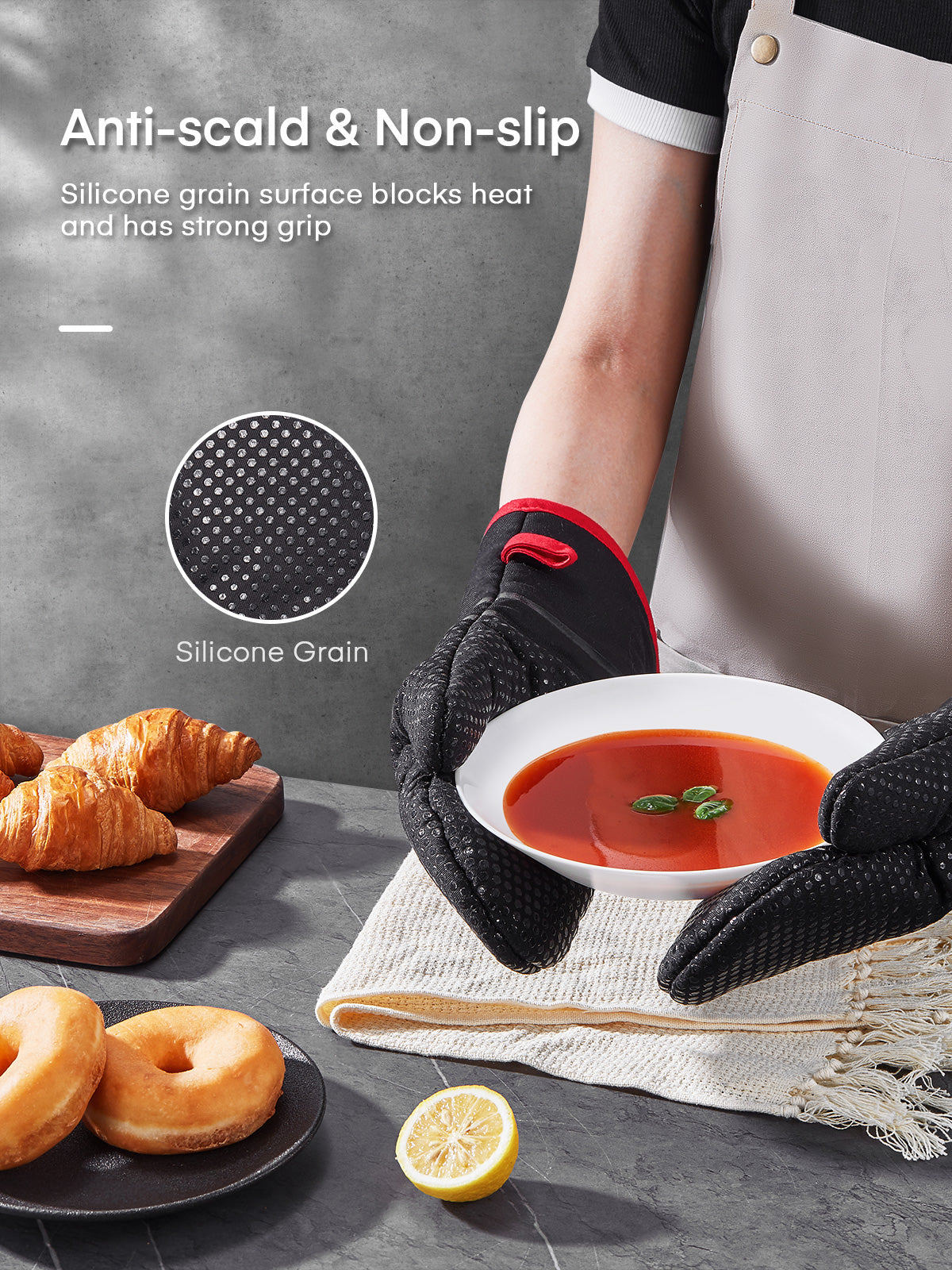 Oven Mitts, Heat Resistant Kitchen Oven Gloves 572°F, Non-Slip Silicone Surface, Extra Long Flexible Thick Mitts for Kitchen , Cooking , Baking , BBQ , Black
