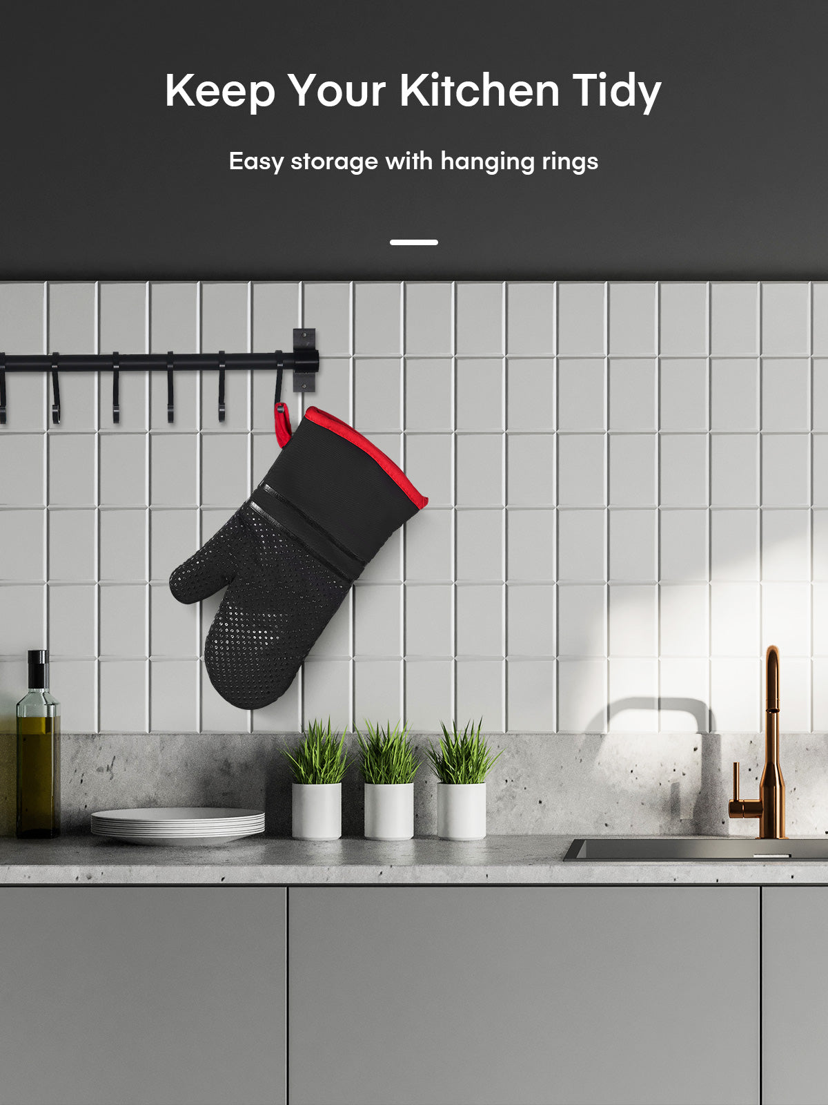 Ofenhandschuhe, hitzebeständige Küchenofenhandschuhe 300°C, rutschfeste Silikonoberfläche, extra lange flexible dicke Handschuhe für Küche, Kochen, Backen, Grillen, Schwarz