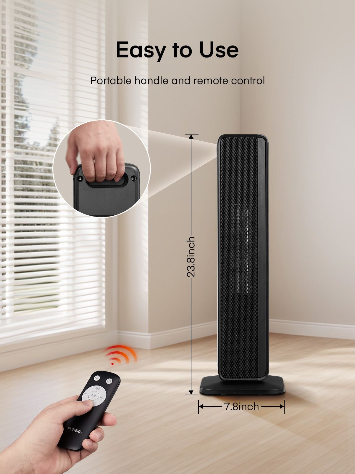 FOHERE Space Heater for Indoor Use, 23 Inch Quiet PTC Electric Heaters for Bedroom Fast Heating with Thermostat, Remote, 70° Oscillation, 24H Timer, Portable Heater Safe for Home, Office, 1500, Black
