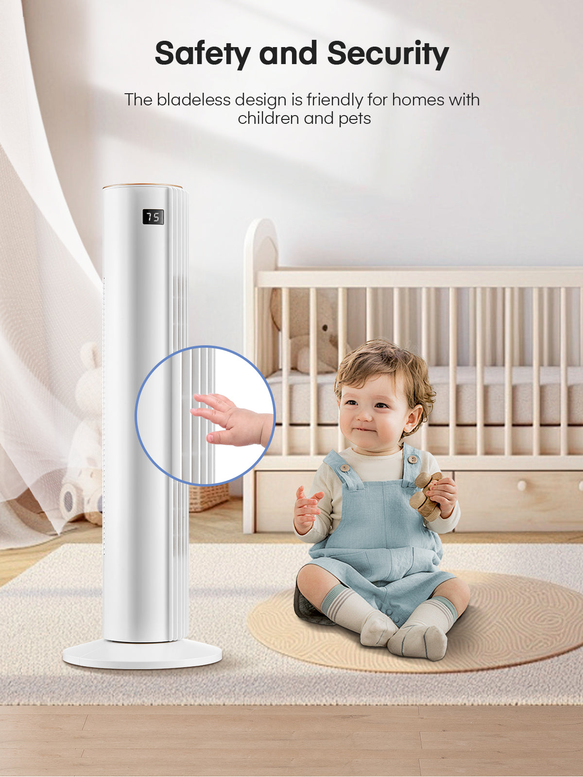 FOHERE Turmventilator für Zuhause, 76 cm oszillierender Ventilator mit Fernbedienung, 3 Geschwindigkeiten, Timer, leiser tragbarer Standventilator ohne Rotorblätter für Schlafzimmer, Bürogebrauch