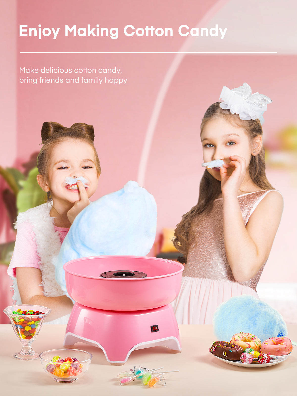 Candy Floss Maker FOHERE Cotton Candy Machine with Wooden Sticks and Sugar Scoop, Easy to Use, Gift for Children's Birthday Party