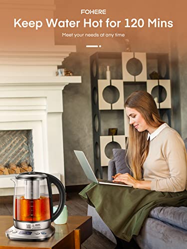 Electric Kettle with Temperature Control and Tea Infuser, FOHERE 1.7L Electric Tea Kettle, Glass and Stainless Steel Hot Tea Water Kettle, 2Hr Keep Warm, 6 Presets for Herbal, Green, Coffee, Black