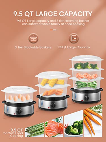 FOHERE Elektrischer Dampfgarer zum Kochen, Gemüsedampfgarer 800W schnelles Aufheizen mit 3 BPA-freien stapelbaren Korbschalen und Abschaltautomatik mit 60-Minuten-Timer, Reisschüssel enthalten, 9,5QT