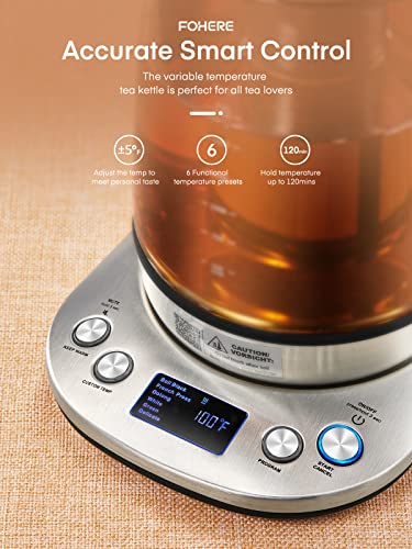 FOHERE Wasserkocher 1.7L mit Temperaturregelung und Teesieb, Teebereiter aus Glas und Edelstahl, 2 Stunden Warmhaltefunktion, 6 Voreinstellungen für Kräutertee, Grüntee, Kaffee, Schwarztee