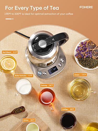 Electric Kettle with Temperature Control and Tea Infuser, FOHERE 1.7L Electric Tea Kettle, Glass and Stainless Steel Hot Tea Water Kettle, 2Hr Keep Warm, 6 Presets for Herbal, Green, Coffee, Black