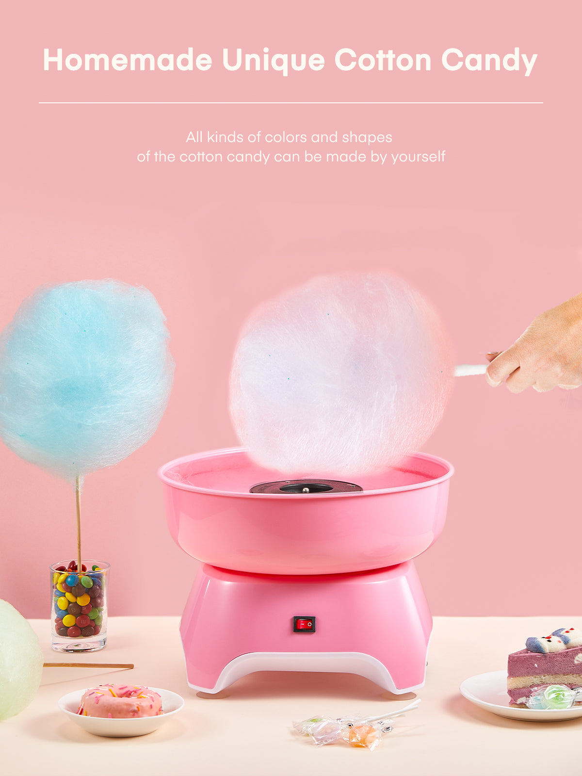FOHERE Zuckerwattemaschine mit Holzstäbchen und Zuckerschaufel, einfach zu bedienen, Geschenk für Kindergeburtstage