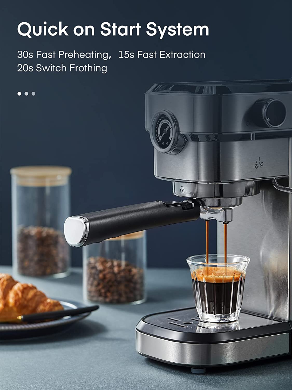 quick on start system, FOHERE Espresso Machine, 15 Bar Espresso and Cappuccino Maker with Milk Frother Steam Wand, Professional Compact Coffee Machine for Espresso, Cappuccino, Latte and Mocha, Brushed Stainless Steel