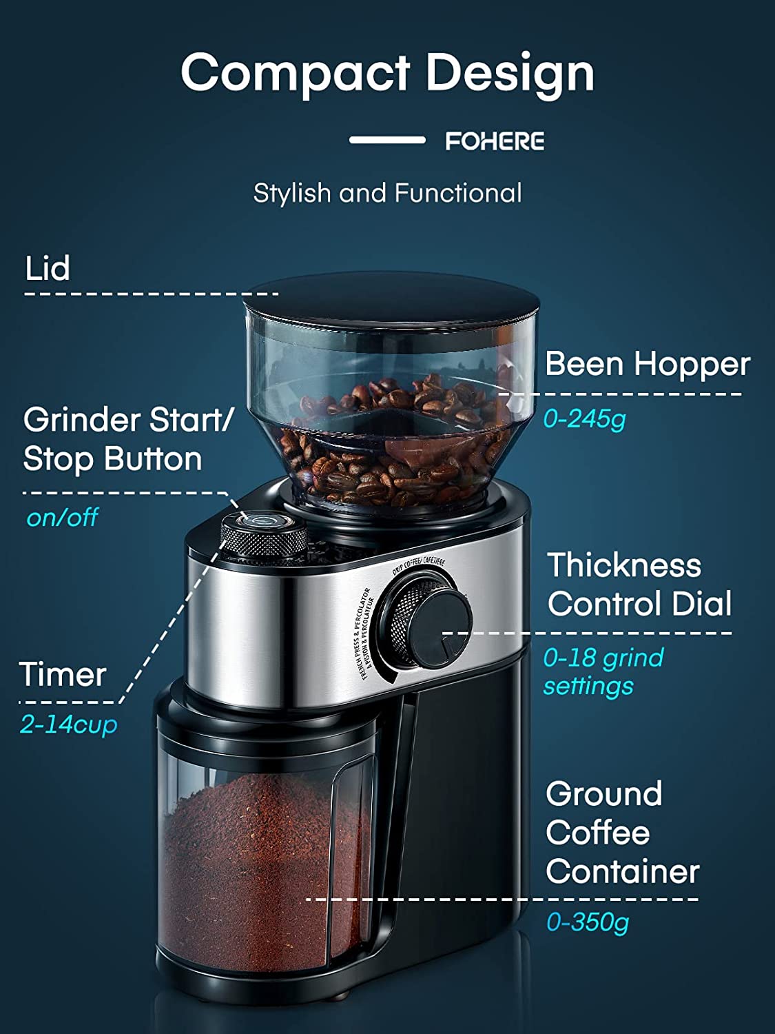 compact design,Coffee Grinder Electric, FOHERE Coffee Bean Grinder with 18 Precise Grind Settings, 2-14 Cup for Drip, Percolator, French Press, Espresso and Turkish Coffee Makers, Black