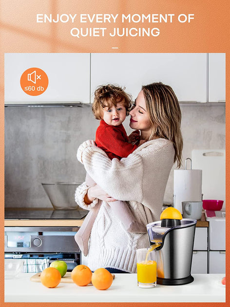 enjoy every moment of quiet juicing, FOHERE Orange Juice Squeezer Electric Citrus Juicer with Two Interchangeable Cones Suitable for orange, lemon and Grapefruit, Brushed Stainless Steel