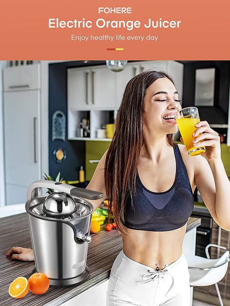 electric orange juicer, FOHERE Citrus Juicer Electric Orange Juicer Squeezer with Humanized Handle, Powerful 160W Silent Motor Stainless Steel BPA-Free, Two Size Cones for Grapefruits, Orange and Lemon, Silver