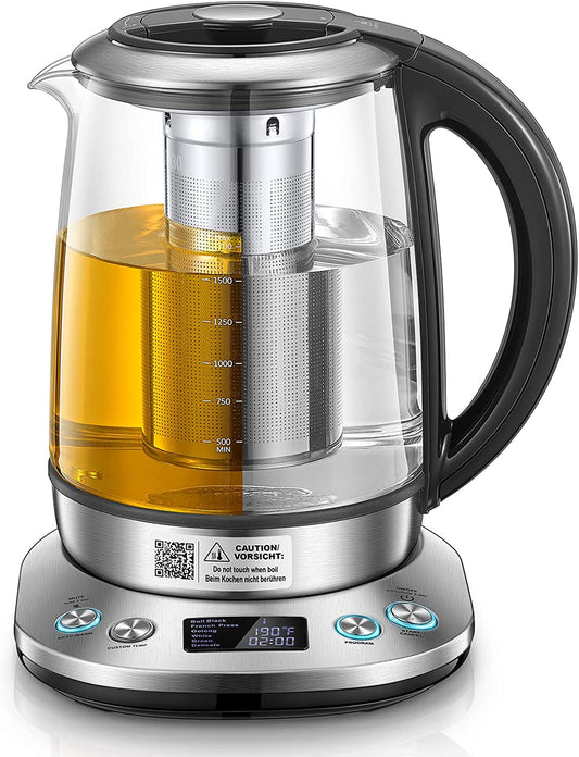 Tea Kettle Electric, FOHERE Electric Kettle Temperature Control with 6 Presets, 2Hr Keep Warm, Removable Tea Infuser, Stainless Steel Glass Boiler, BPA Free, 1.7L