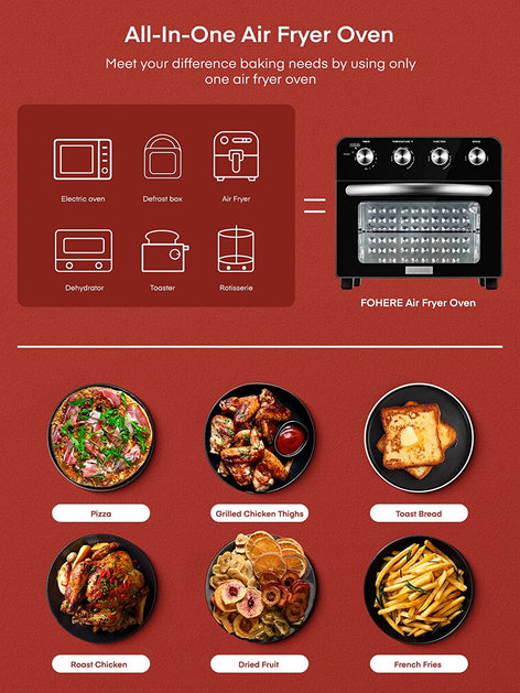 all in one air fryer oven, FOHERE Air Fryer Oven Combo, 6 Slice 24 QT Multi-function Convection Oven, 1700W Toaster Oven for Rotisserie, Dehydrate, Air Fry, Bake & Reheat, Fry Oil-Free, Non-Stick Inner, 6 Accessories & 100 Recipes