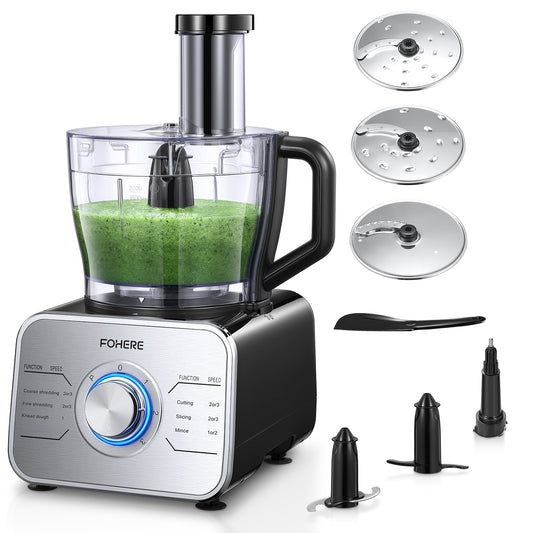 FOHERE 12-Tassen Küchenmaschine, Multifunktions-Gemüseschneider, 3 Geschwindigkeiten, 6 Hauptfunktionen mit Hacker-Messer, Teigmesser, Raspel, Schneideaufsätzen, Silber