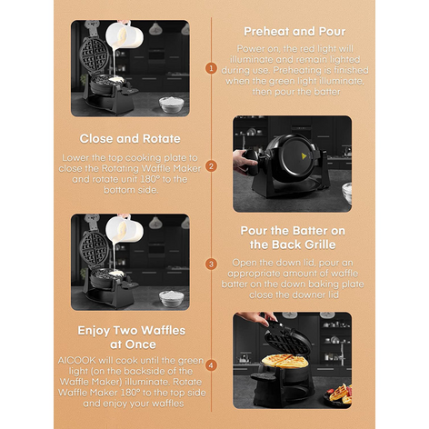 Double Belgian Waffle Maker 180 Flip, 1400W, Waffles in 2 Minutes, Anti-scald, Nonstick, Black, New