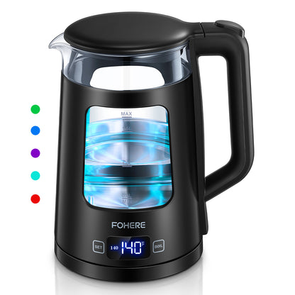 Wasserkocher, 1,7 L Teekessel, FOHERE Glaskessel mit weiter Öffnung, 1500 W schnelles Aufkochen, 5 Temperatureinstellungen, automatische Abschaltung und Trockengehschutz, mit 5 farbigen Lichtern, BPA-frei, leicht zu reinigen, Schwarz