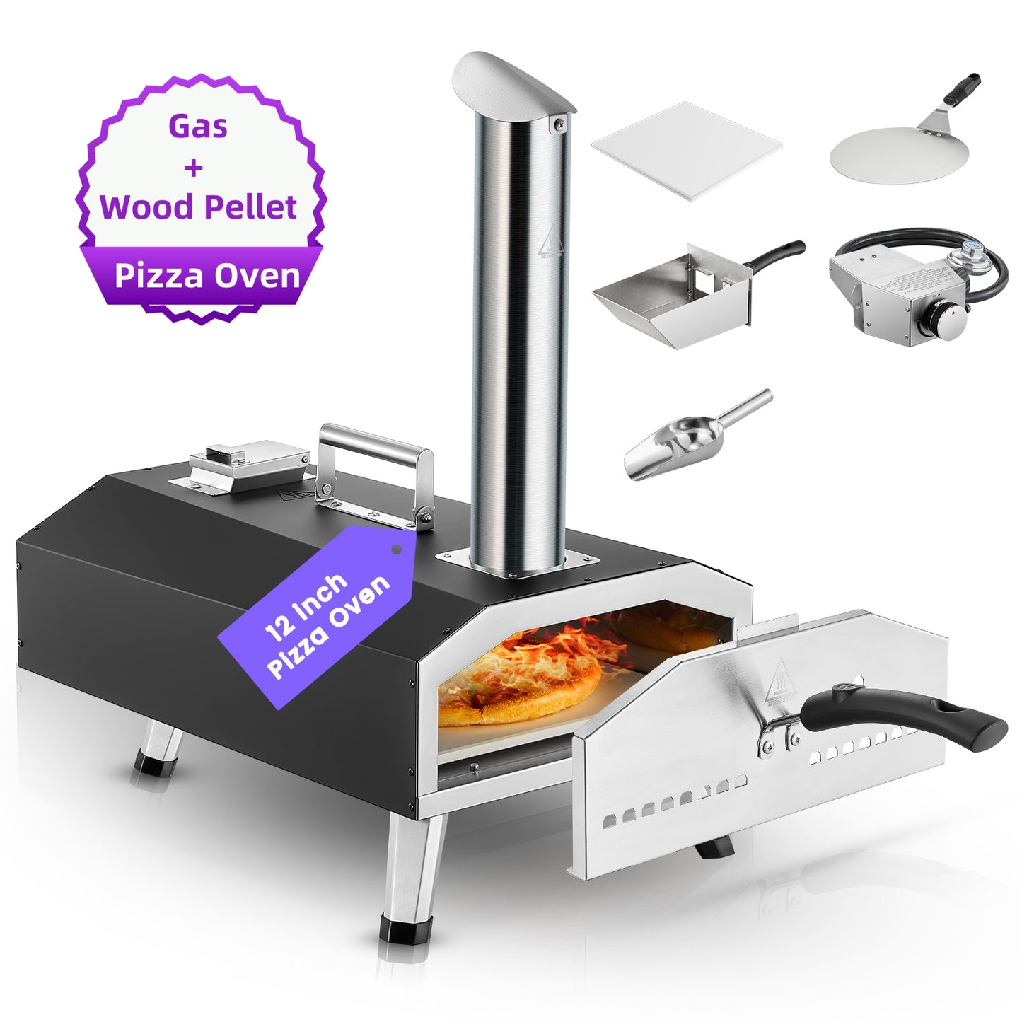 2-in-1 Pizzaofen, 12-Zoll tragbarer Holzpellet- und Gas-Pizzaofen, heizt bis zu 538°C, Schwarz