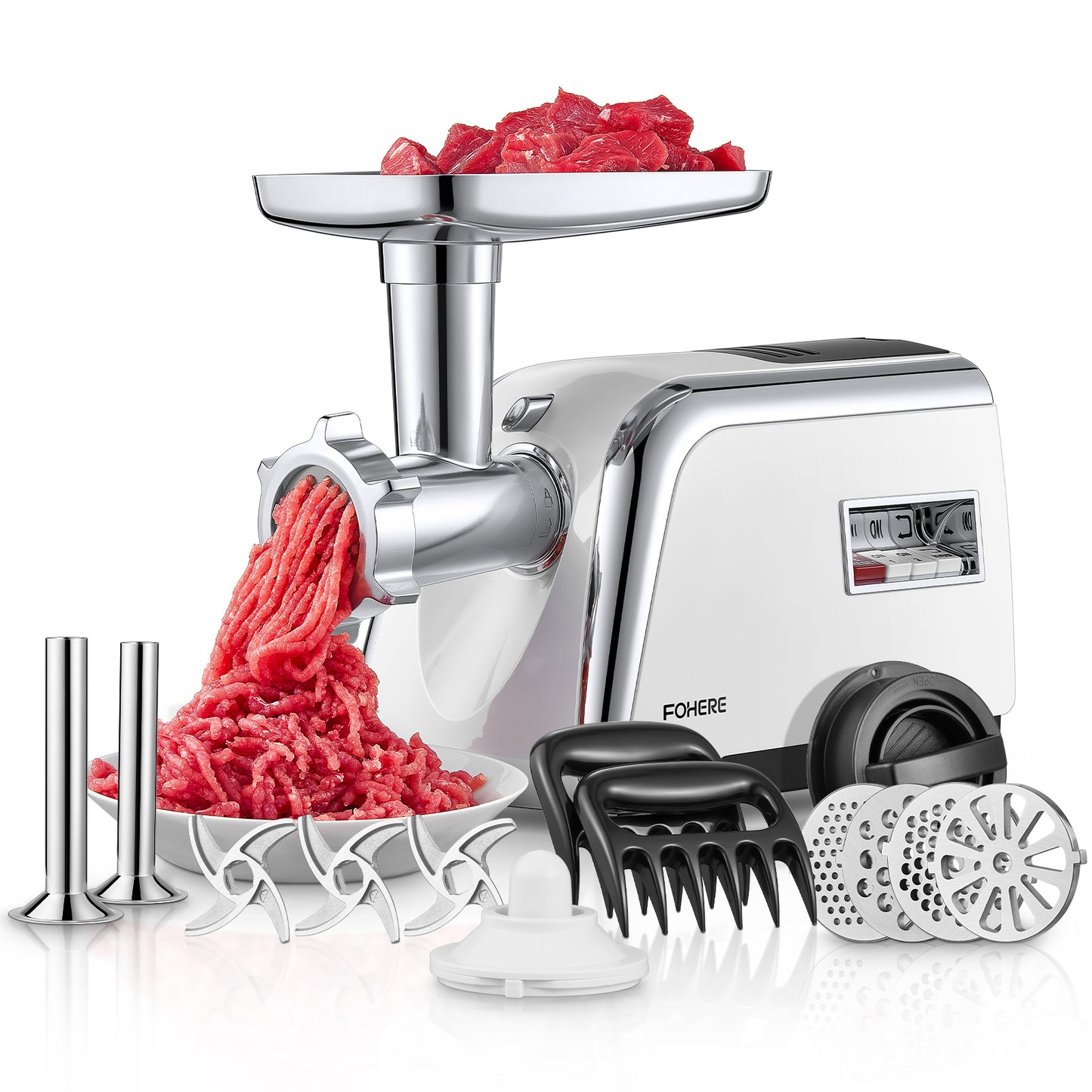 5 in1 Meat Grinder Heavy Duty with Sausage Stuffer (2 Sizes) • Kubbe Maker • Burger/Slider Maker • Meat Claws, Storage Box, Size #12, 4LB/min