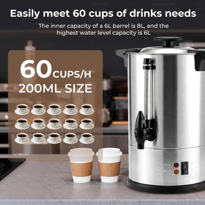 FOHERE 60-Cup Commercial Coffee Urn, 1500W, Stainless Steel Hot Water Dispenser with Adjustable Temp & Water Gauge