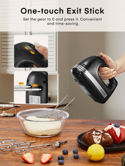 Handmixer mit Aufbewahrungsbox, 5 Geschwindigkeitsstufen und Turbo, FOHERE Elektrischer Eierschläger mit 6 Zubehörteilen