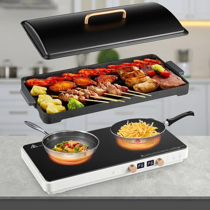 Induction Cooktop 2 Burners 1800W with Removable Cast Iron Griddle Pan Non-Stick, 8 Power Levels Control