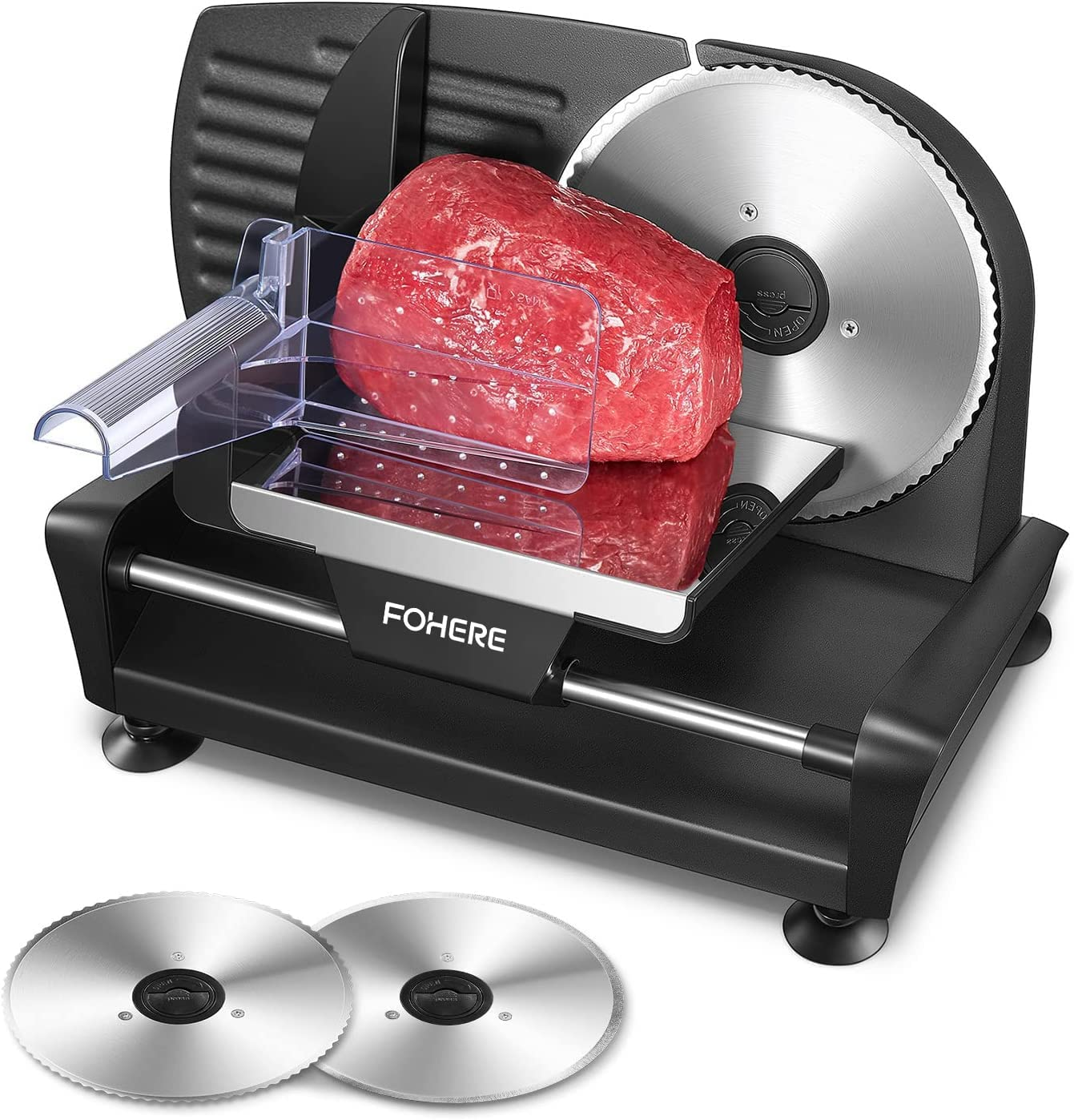 FOHERE Elektrischer Allesschneider 200W für Zuhause mit zwei abnehmbaren 19 cm Klingen, 0-15 mm präzise Dickenverstellung, schneidet Wurst, Fleisch, Schinken, Brot, Obst, inkl. Lebensmittelwagen, Schwarz