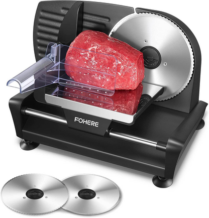 FOHERE Elektrischer Allesschneider 200W für Zuhause mit zwei abnehmbaren 19 cm Klingen, 0-15 mm präzise Dickenverstellung, schneidet Wurst, Fleisch, Schinken, Brot, Obst, inkl. Lebensmittelwagen, Schwarz
