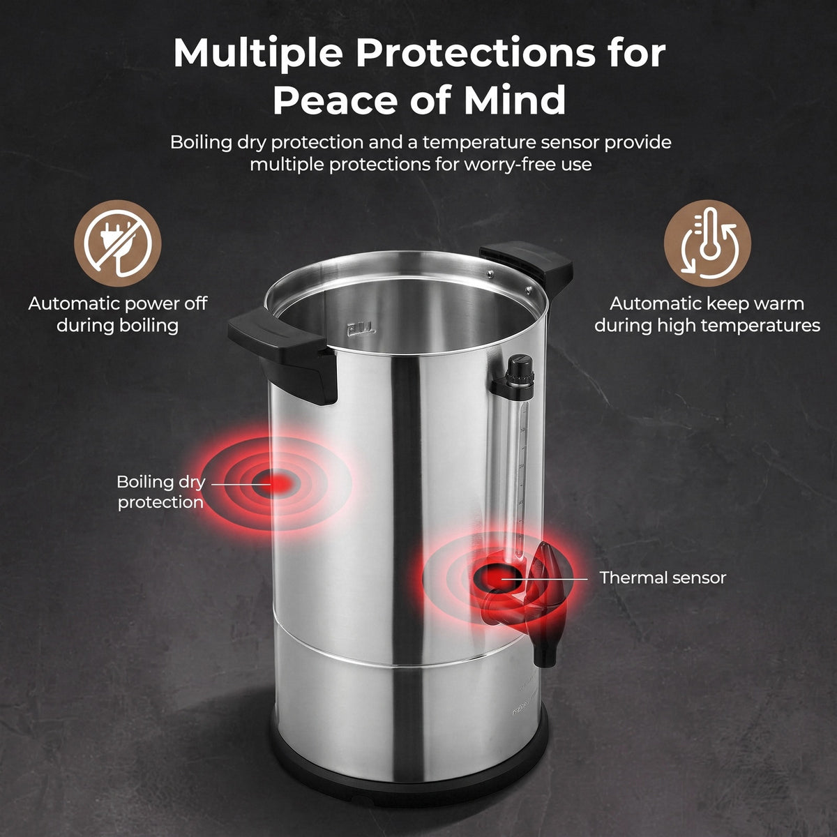FOHERE 60-Cup Commercial Coffee Urn, 1500W, Stainless Steel Hot Water Dispenser with Adjustable Temp & Water Gauge