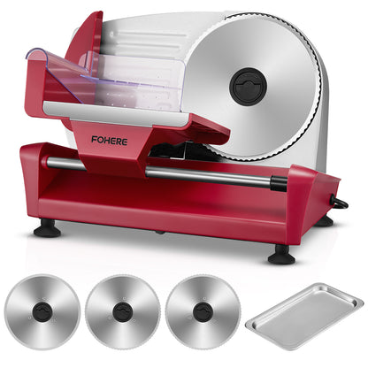 FOHERE Fleischschneidemaschine, 250W Aufschnittmaschine mit drei 7,5-Zoll-Edelstahlklingen und Auffangschale, Rot