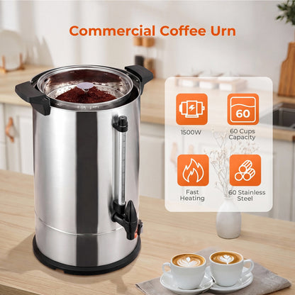 FOHERE 60-Cup Commercial Coffee Urn, 1500W, Stainless Steel Hot Water Dispenser with Adjustable Temp & Water Gauge