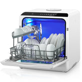 FOHERE Tragbarer Tischgeschirrspüler mit 5L integriertem Wassertank, 6 Programmen, 360° Doppelsprüharm, Hochtemperatur-, Lufttrocknungs- und Zeitsteuerungsfunktion