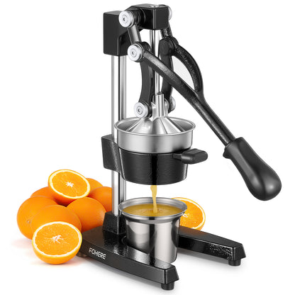 FOHERE Orangen-Entsafter, Zitruspresse aus Gusseisen, manuelle Entsafterpresse für Orangen, Zitronen, Granatäpfel, Grapefruit, leicht zu reinigen – inklusive Edelstahlbecher