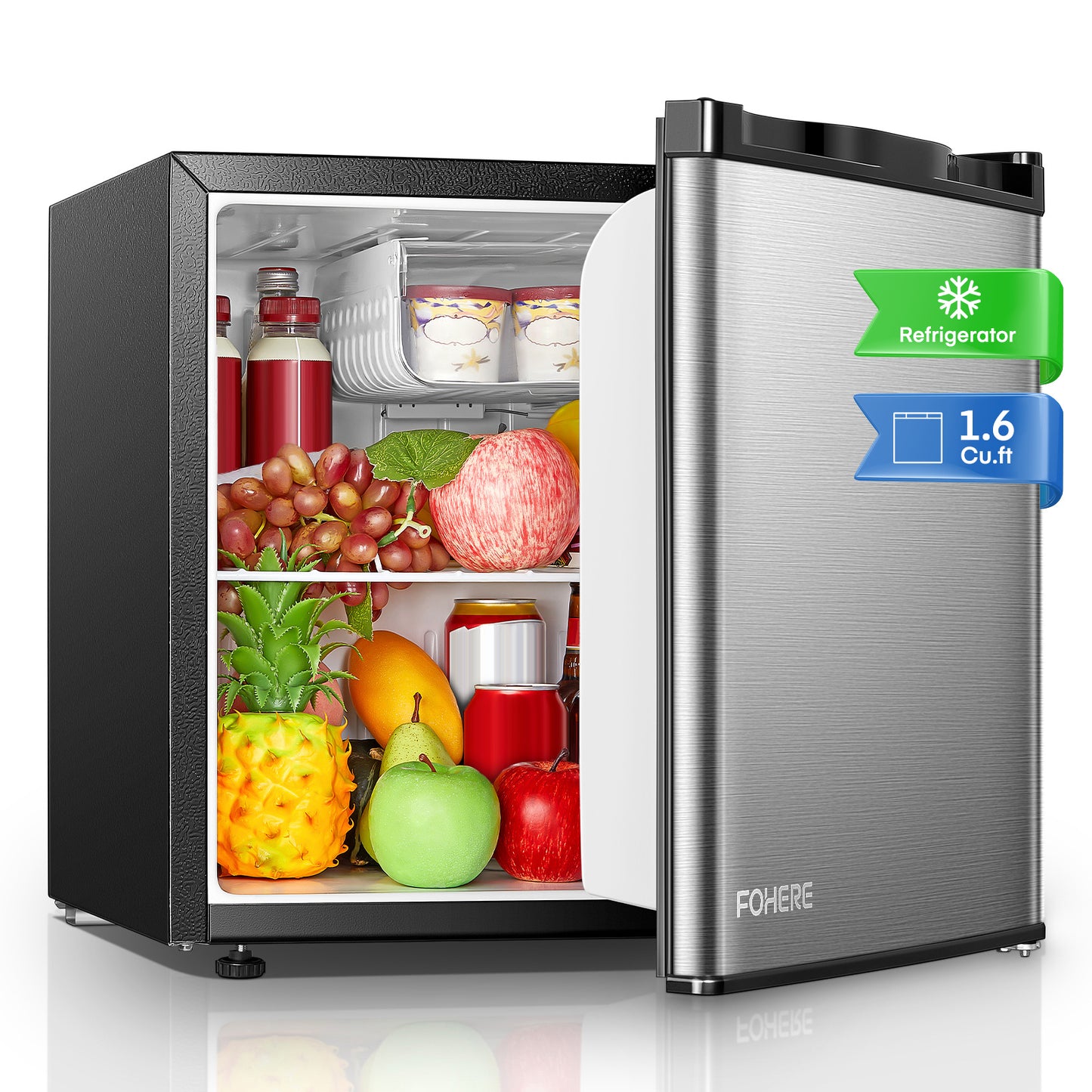 1,6 Cu. ft Minikühlschrank mit Gefrierfach, kleiner Kühlschrank für Büro, Zimmer, Edelstahl