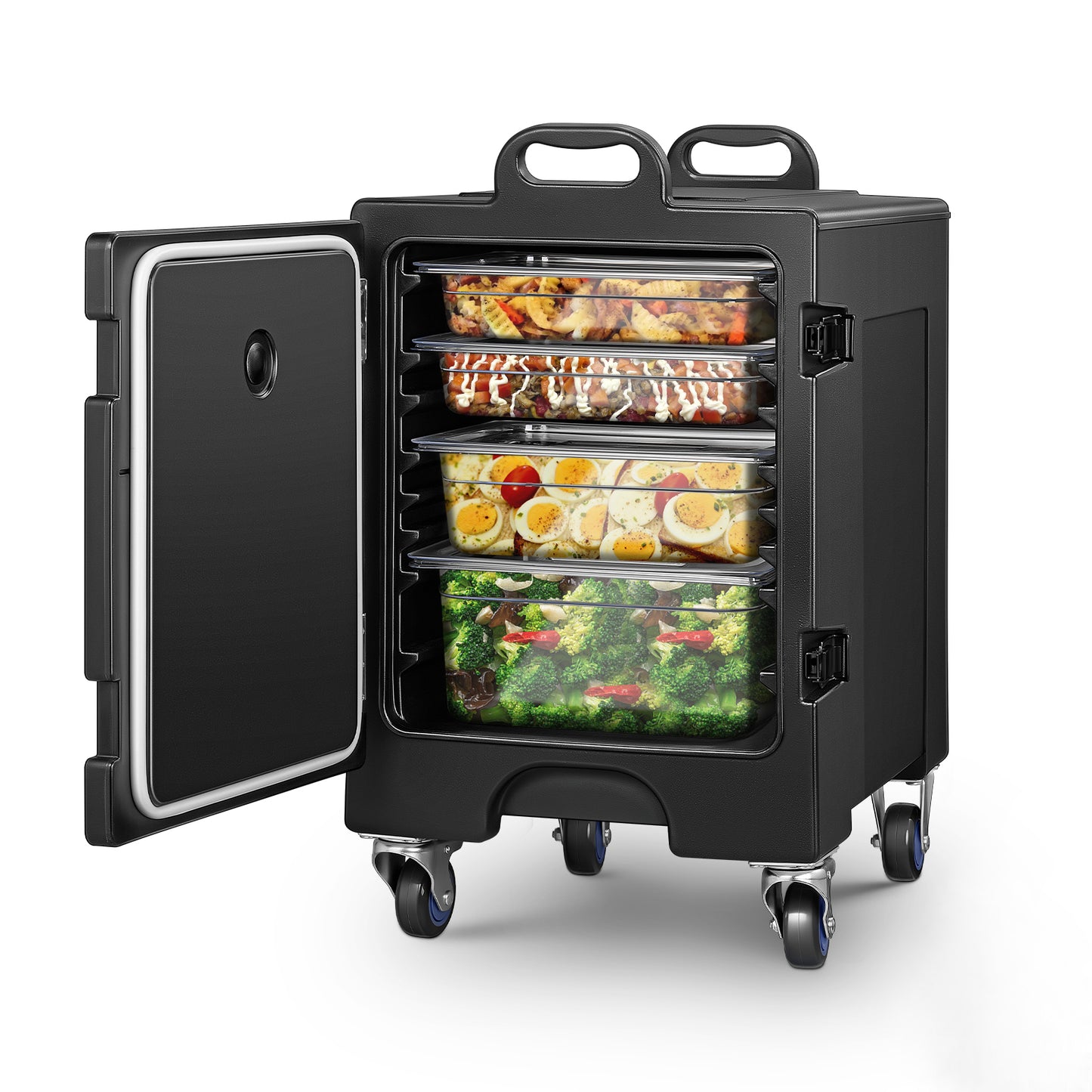 Thermobehälter Speisewärmer, 77,5 L LLDPE Isolierter Speisetransportwagen mit Rollen, stapelbares Design, Griffe