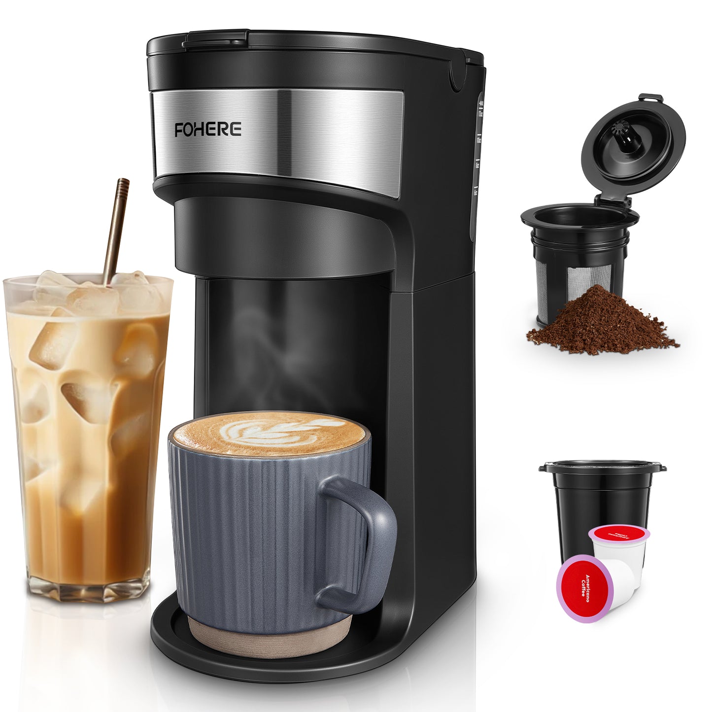 FOHERE 2-in-1 Kaffeemaschine für Kapseln und gemahlenen Kaffee, Mini-Kaffeemaschine mit 177-355 ml Brühgröße, Selbstreinigungsfunktion