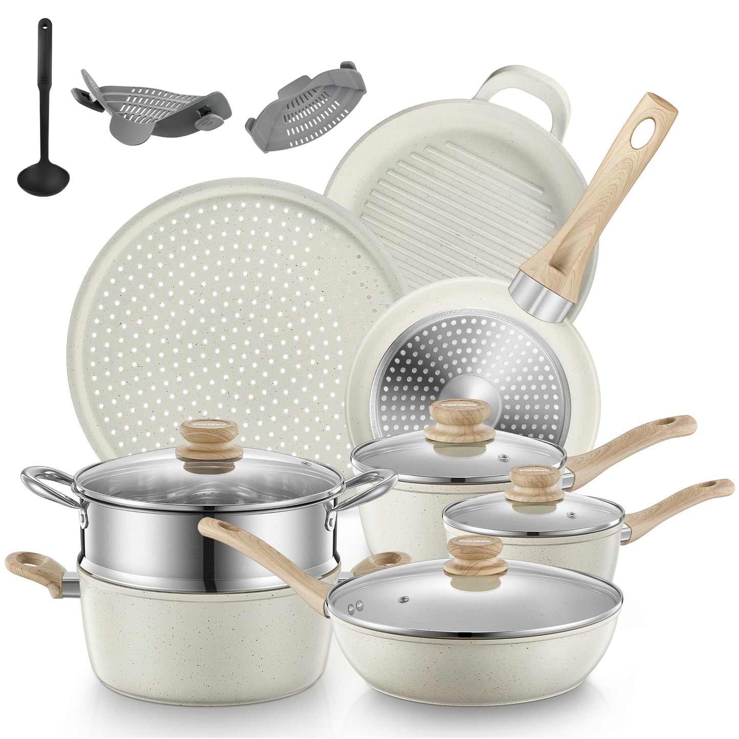 FOHERE Topf- und Pfannenset mit Deckeln 15-teilig, Aluminium Antihaft Induktions-Kochgeschirr-Sets, mit Bratpfannen, Saucenpfannen, Suppentopf, Pizzapfanne, Grillpfanne und Dampfgarer, Silikon-Sieb, Weiß