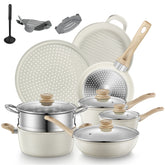 FOHERE Topf- und Pfannenset mit Deckeln 15-teilig, Aluminium Antihaft Induktions-Kochgeschirr-Sets, mit Bratpfannen, Saucenpfannen, Suppentopf, Pizzapfanne, Grillpfanne und Dampfgarer, Silikon-Sieb, Weiß