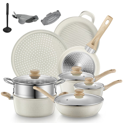 FOHERE Topf- und Pfannenset mit Deckeln 15-teilig, Aluminium Antihaft Induktions-Kochgeschirr-Sets, mit Bratpfannen, Saucenpfannen, Suppentopf, Pizzapfanne, Grillpfanne und Dampfgarer, Silikon-Sieb, Weiß