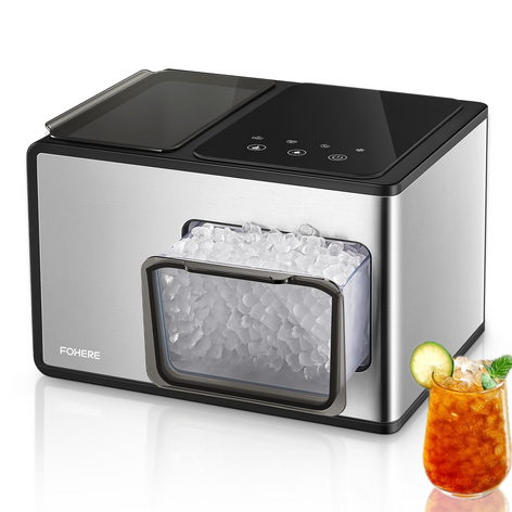 Countertop Nugget Ice Maker Newest Version, 40Lbs per Day, 5 Mins Ice Output, Self-Clean, Fingerprint-free Stainless Steel, Glossy Glass Touch Panel, FOHERE