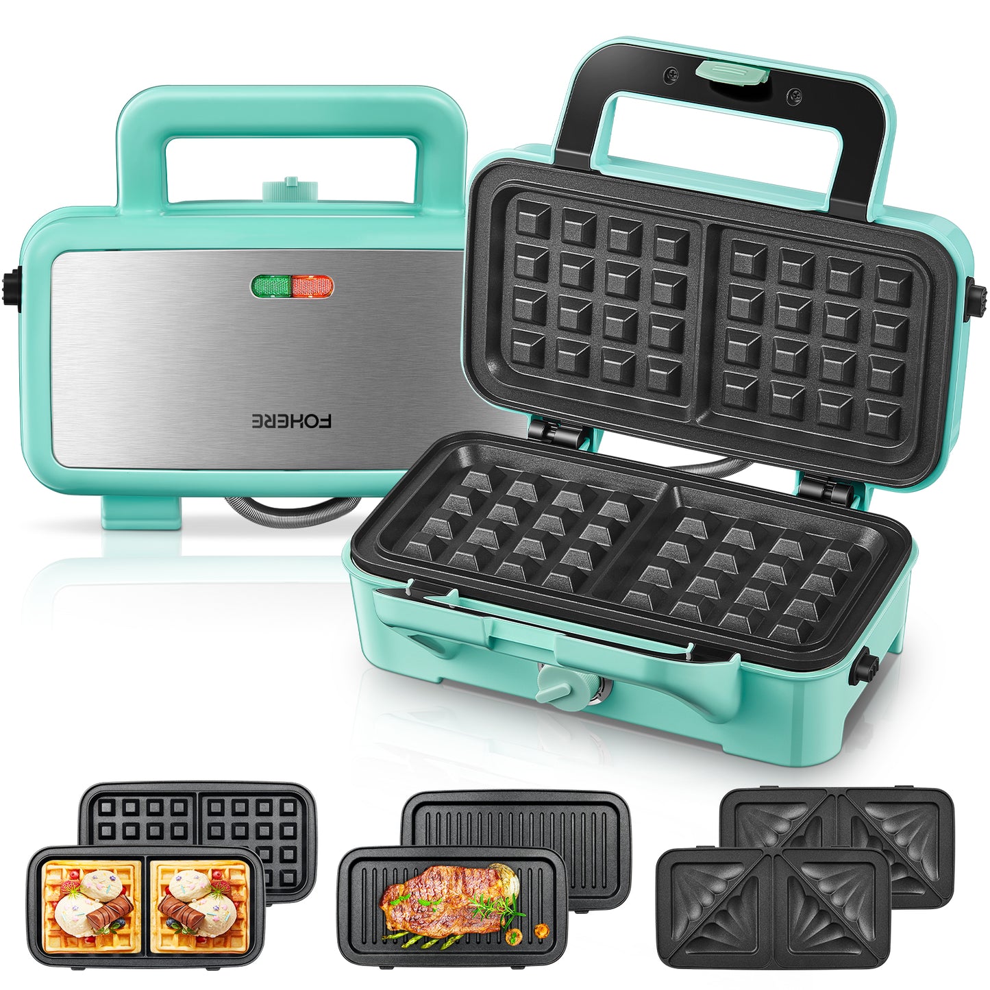 3-IN-1 Sandwichmaker mit antihaftbeschichteten Platten, Kontrollleuchten, Cool-Touch-Griff, perfekt für die Zubereitung von Frühstück, gegrilltem Käse, Blau