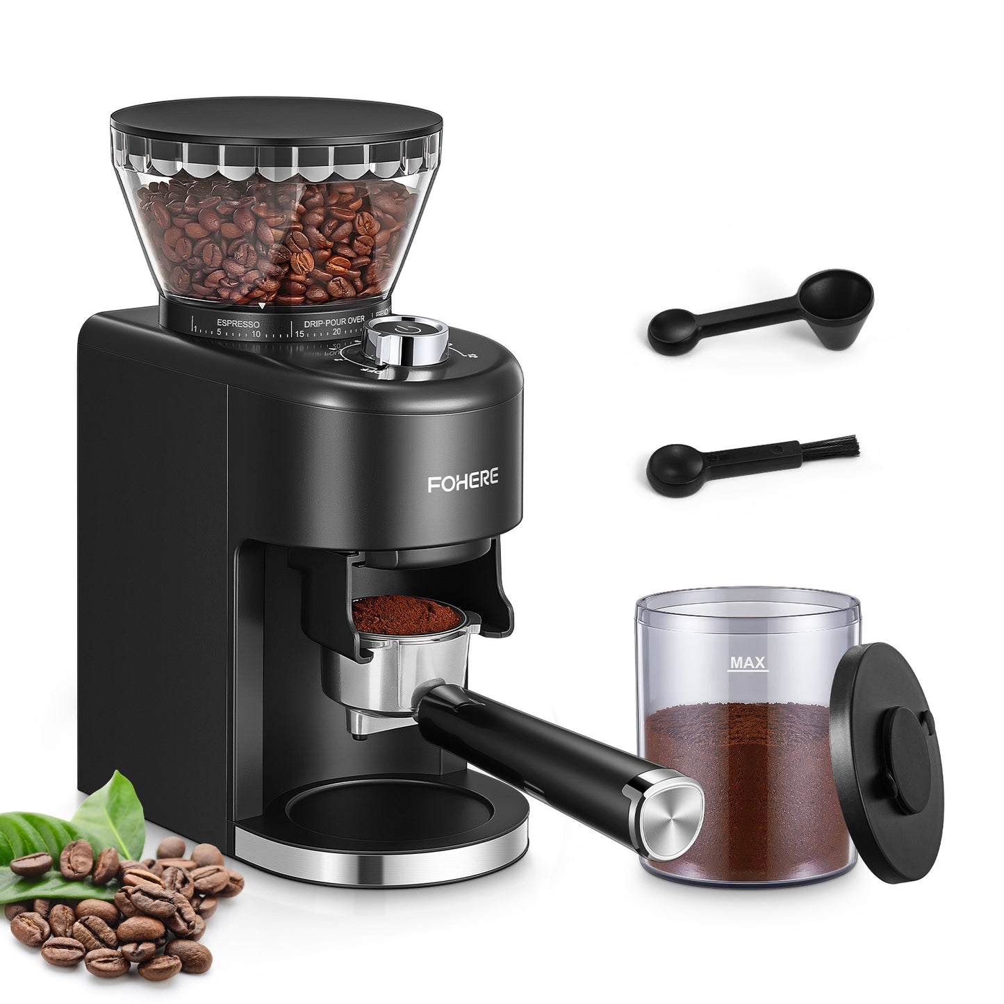 Antistatischer konischer Kaffeemühle FOHERE Verstellbare Gratschleifmaschine mit 35 präzisen Mahlgradeinstellungen, 2-12 Tassen-Timer, für Espresso, Filterkaffee, French Press, Schwarz