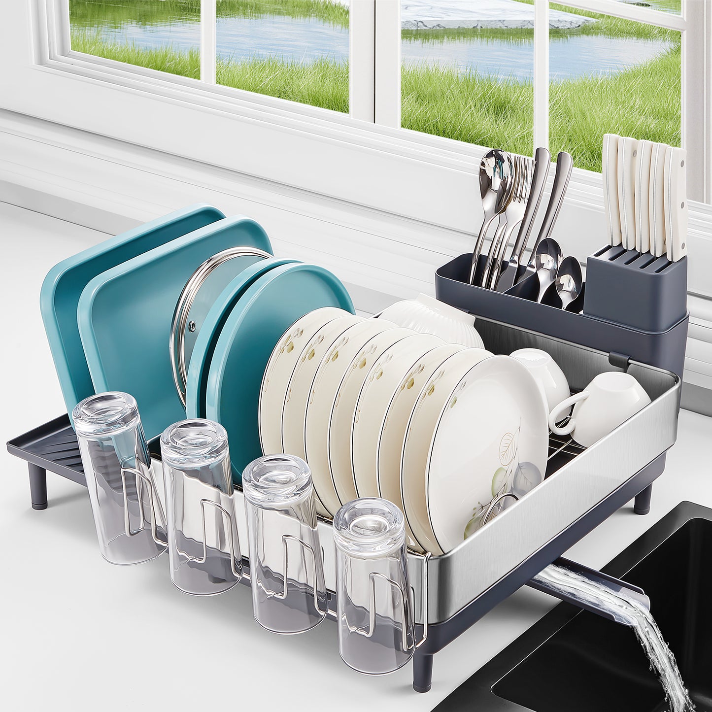 FOHERE Dish Drying Rack, Extendable Stainless Steel Dish Rack for Dishes, Knives, Spoons and Forks