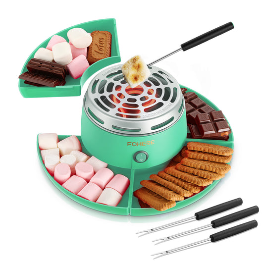 FOHERE Smores Maker Tischgerät für drinnen, Flammenloser Elektrischer Marshmallow Röster mit 4 abnehmbaren Ablagen & 4 Röstgabeln, Filmabend Zubehör & Einweihungsgeschenk, Grün