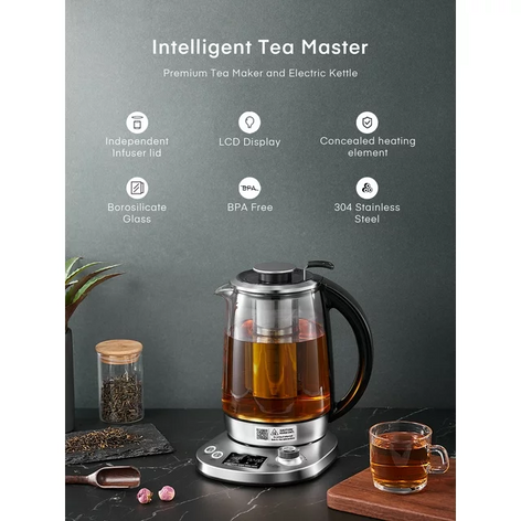 Electric Tea Kettle, Electric Kettle Temperature Control with 9 Presets, 2Hr Keep Warm, Removable Tea Infuser, Stainless Steel Glass Boiler, BPA Free, 1.7L