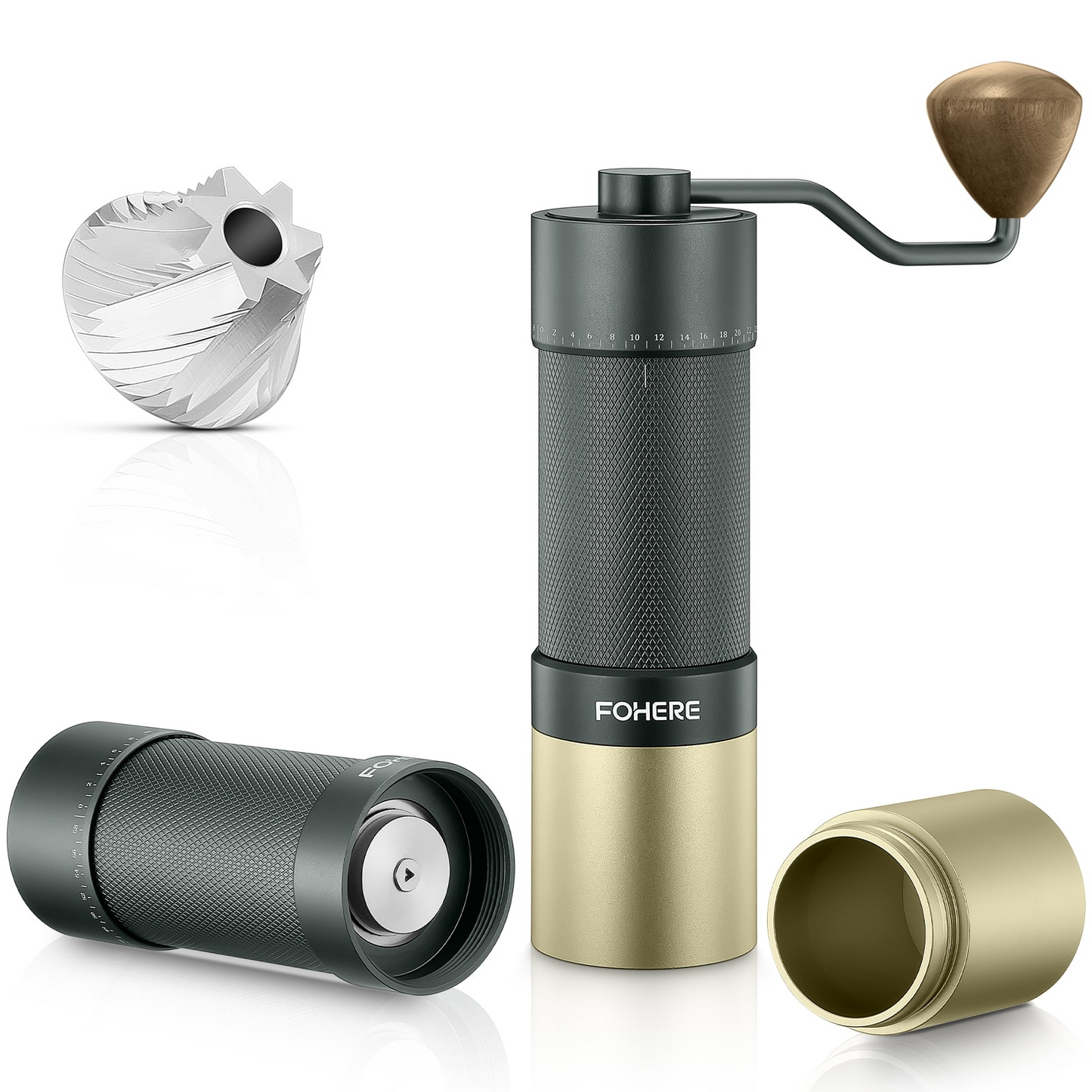 FOHERE Manuelle Kaffeemühle, konisches Mahlwerk aus Edelstahl mit 7 Stufen, externe Einstellung, für alle Kaffeesorten