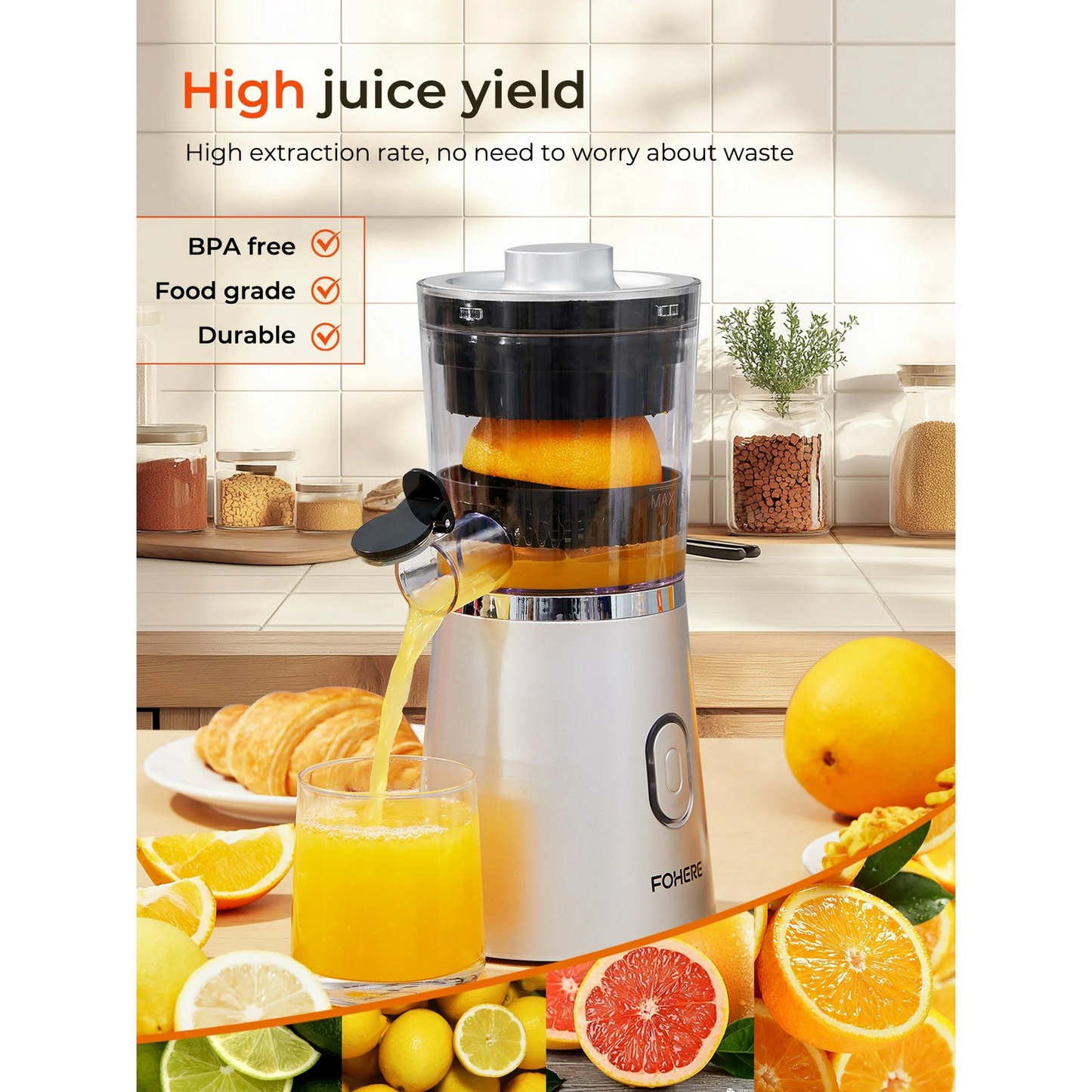 Elektrische Zitruspresse Freihändig, Orangen-Limetten-Grapefruit-Entsafter, Ein-Knopf-Bedienung, Leicht zu reinigende Saftmaschine