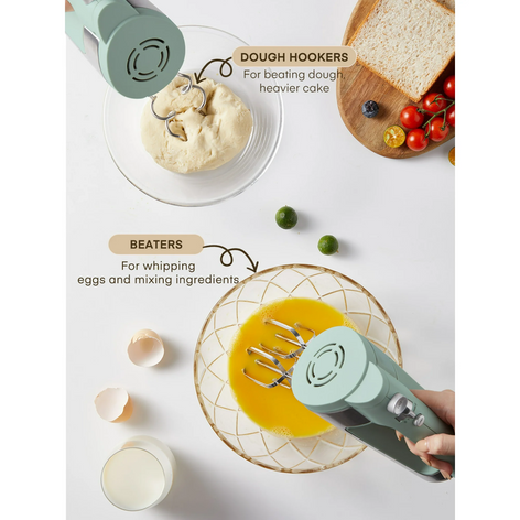 FOHERE 6 Speed Hand Mixer with Turbo Boost, Kitchen Hand Held Mixer Immersion Blender for Food Whipping, Includes 3 Attachments, Green